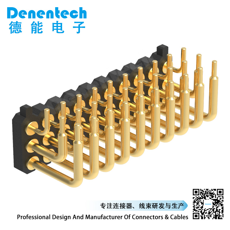 Denentech 2.0MM H1.27MM triple row male right angle pogo pin connector with peg